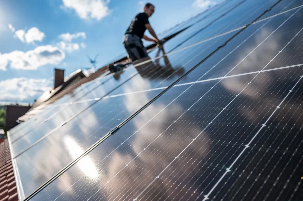 DomSolar Techniker prüft Solarpanel in einer Anlage in NRW.